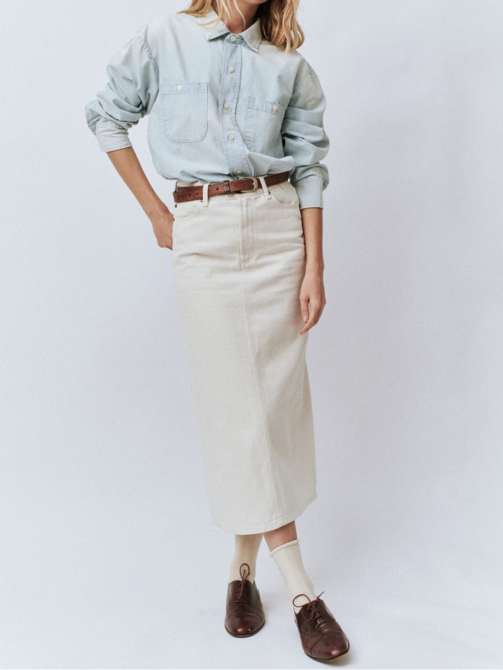 NWT The Great The Column Skirt Natural Denim Midi Size 28